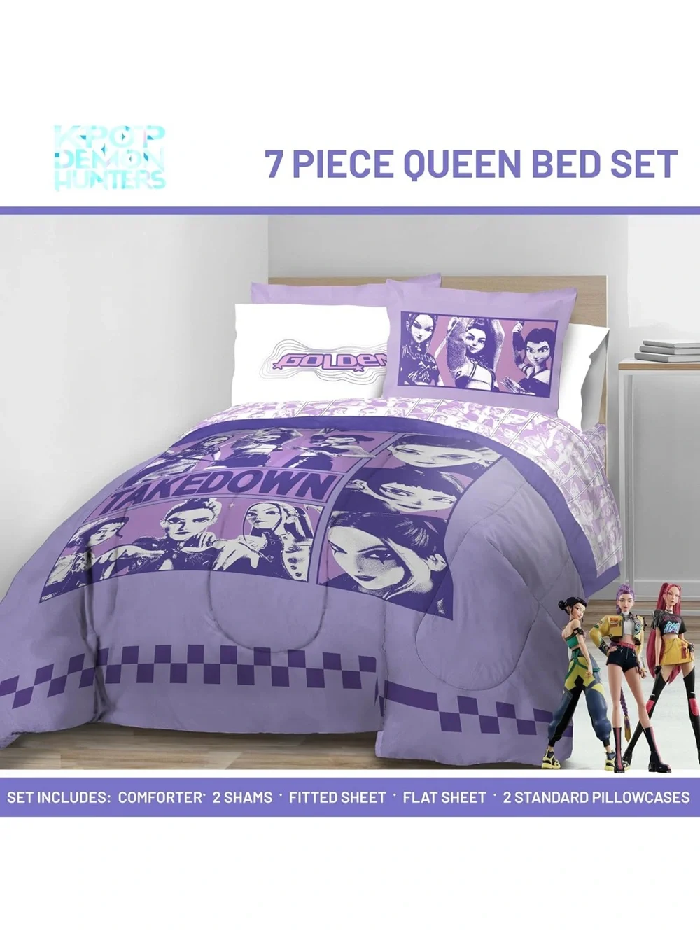 KPOP Demon Hunters Queen Comforter Set 7 Piece Kids Cartoon Bedding, Purple NWOT